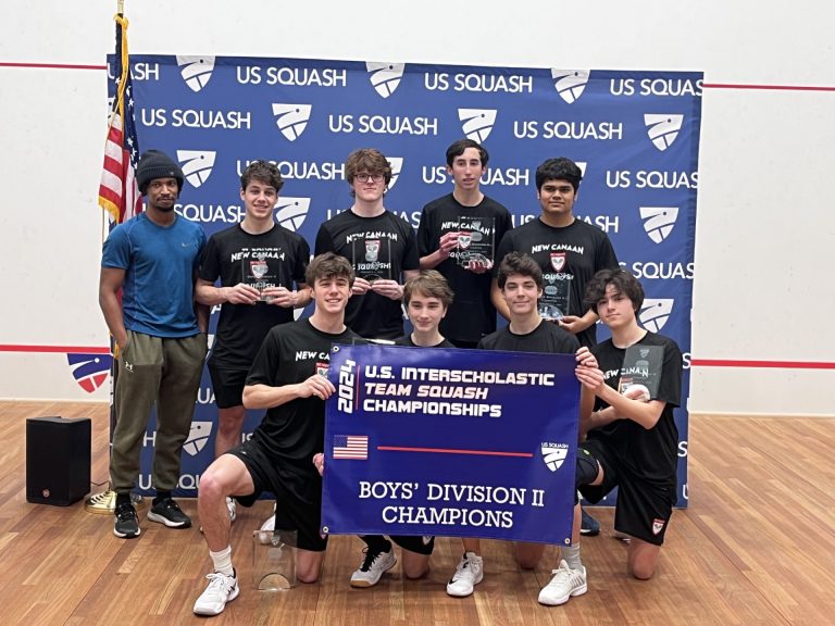 New Canaan High School boys squash team celebrating their Division II national championship